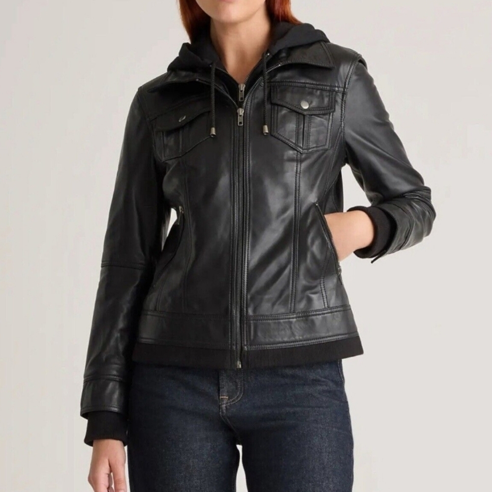 Quince Black Leather Hooded Jacket L